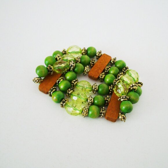 Green Boho Beaded Triple Strand Bracelet Earth Tone Golden Beads - Picture 5 of 7